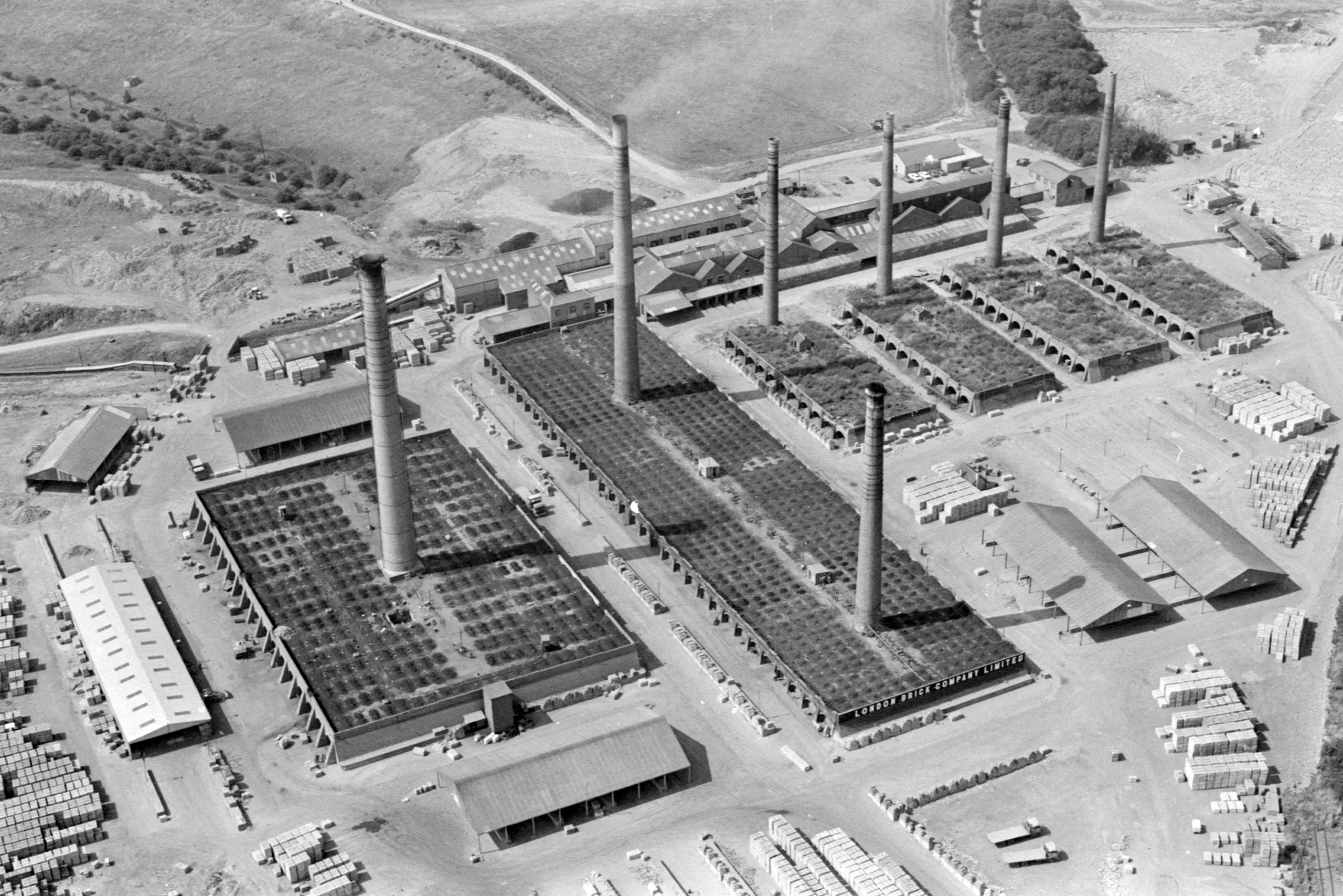 Historic aerial view of a London Brick Company works near Peterborough