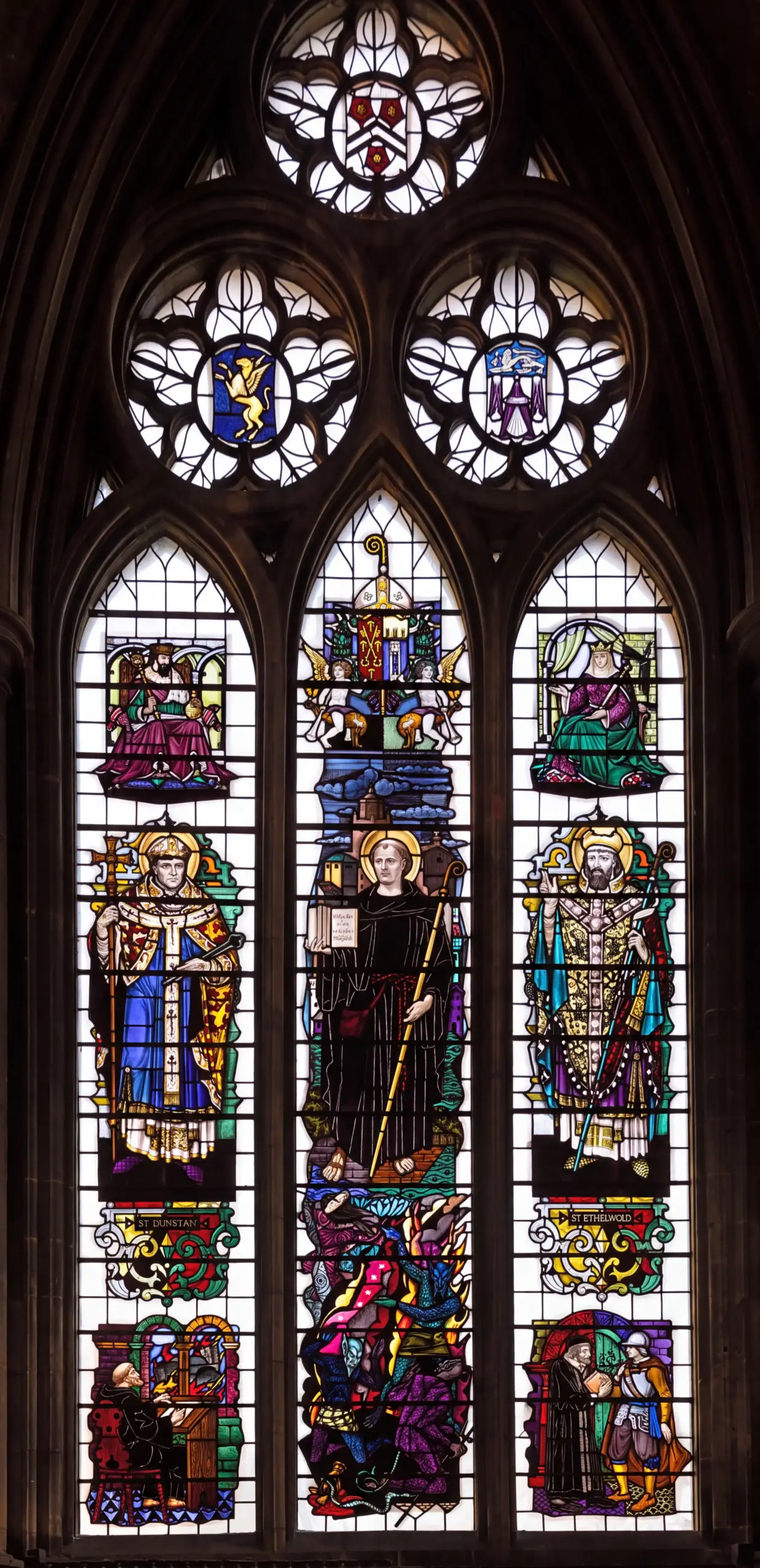 East window of St Benedict's Chapel by W T Carter Shapland at Peterborough Cathedral