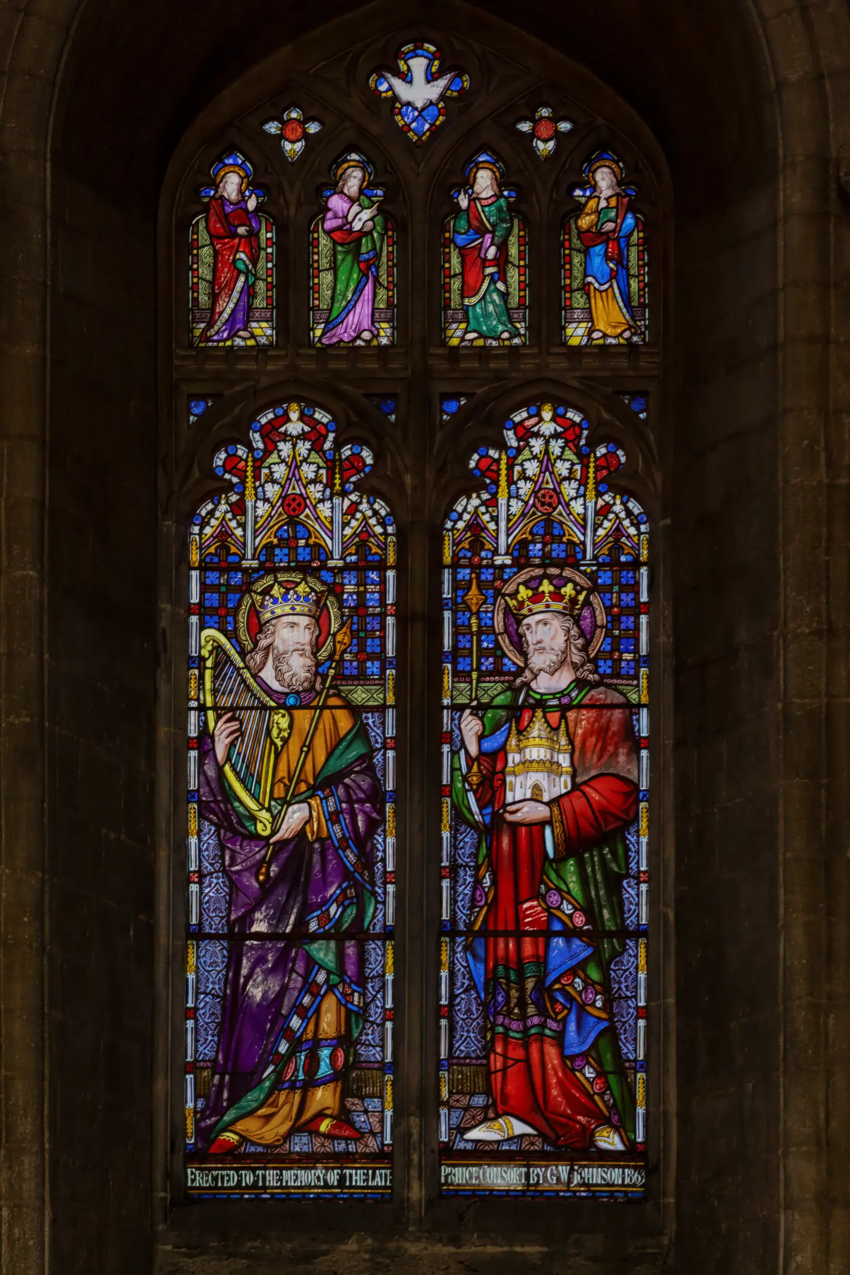 King David and King Solomon stained glass in the north transept of Peterborough Cathedral