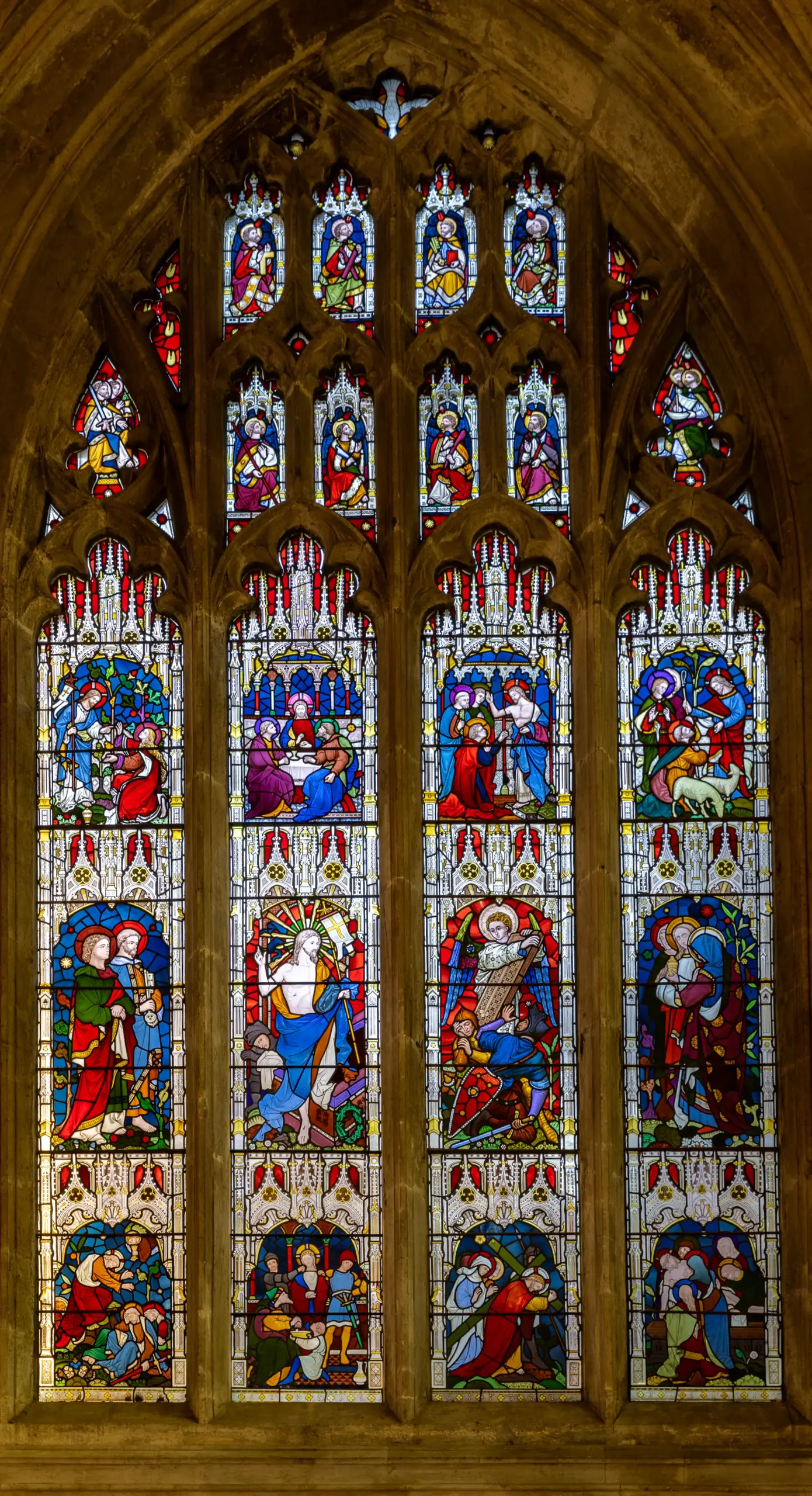 Four-light stained glass window by Clayton and Bell at Peterborough Cathedral