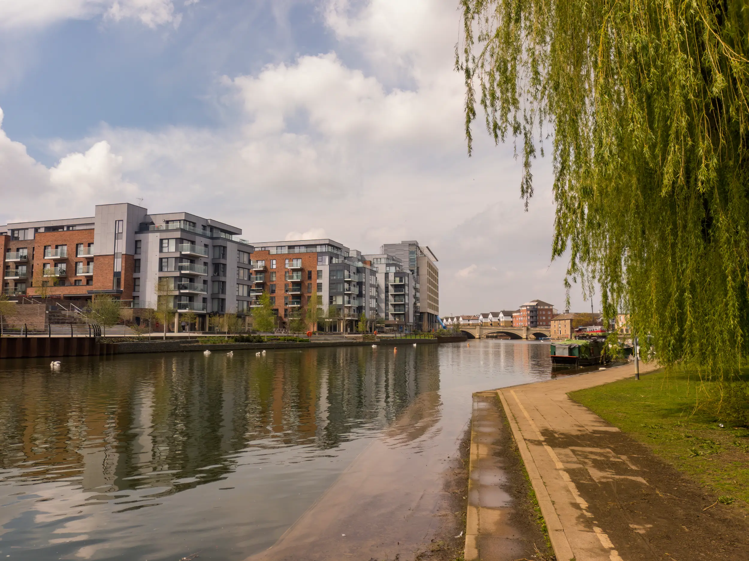 Aerial view of Fletton Quays and the River Nene in Peterborough